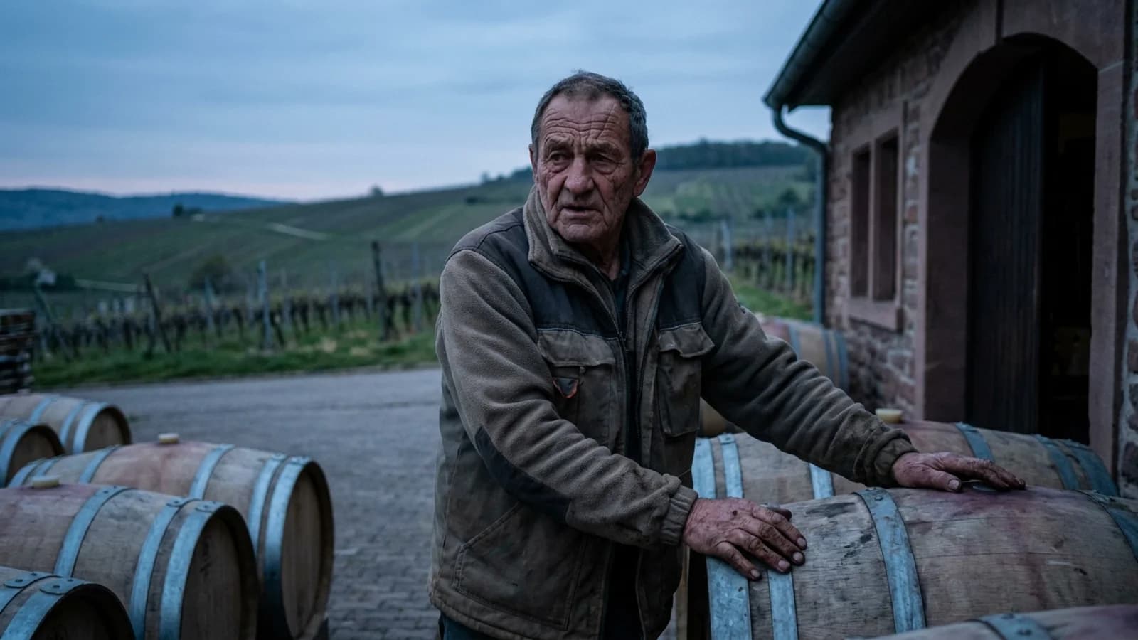 Weinberge an der Deutschen Weinstraße in der Pfalz bei warmem Abendlicht, sanfte Hügel und Rebstöcke.