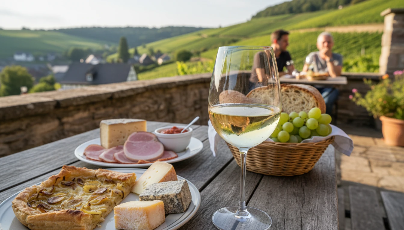 Ein Glas Riesling und regionale Spezialitäten