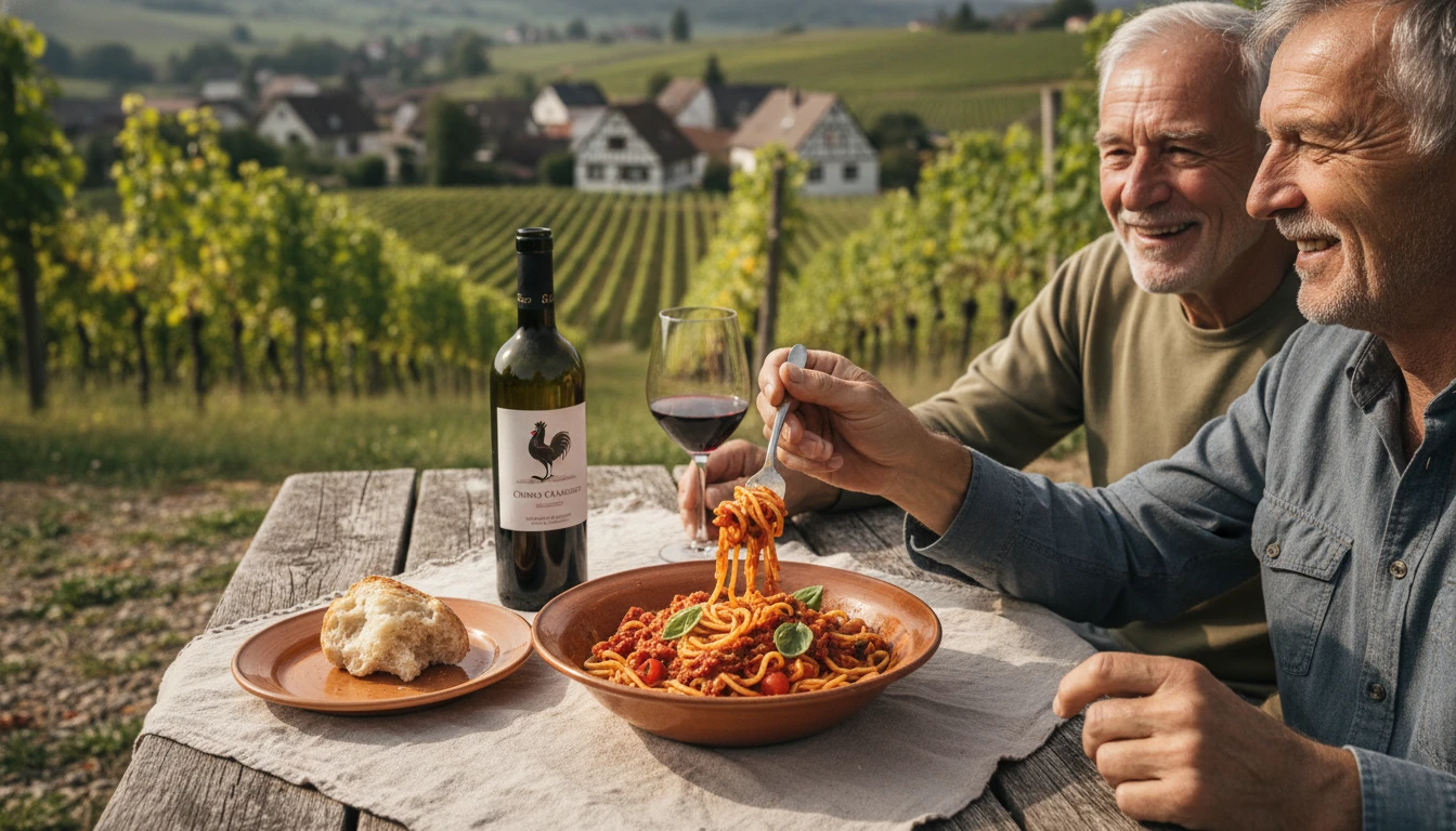 Pasta mit Tomatensauce und Chianti
